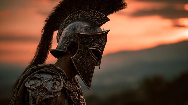 Profile of an ancient warrior in an ornate helmet against a dramatic sunset sky.