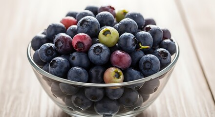 Close up of a glass bowl filled with fresh blueberries and a few unripe green and red berries on a wooden surface