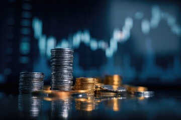 Stacks of coins on a reflective surface, against a blurry background of financial charts