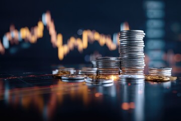 Stacks of coins against a financial chart