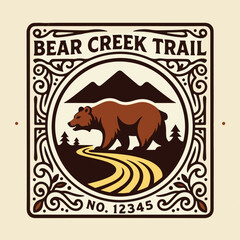 Vintage logo badge of big grizzly bear trail mountain pine tree forest. Old retro editable vector illustration for tshirt design