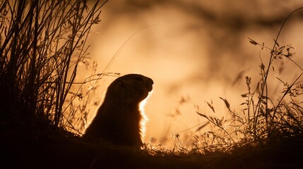 A peaceful silhouette of a groundhog emerging from its burrow at sunrise in a calm natural setting, ideal for wildlife themes, Groundhog Day visuals, nature storytelling, and seasonal concepts.