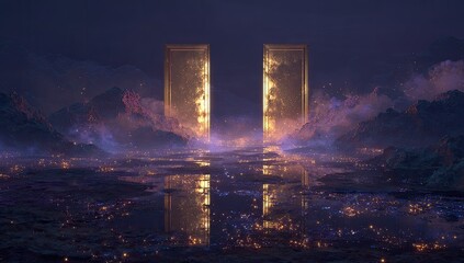 Golden gateways in a mystical landscape