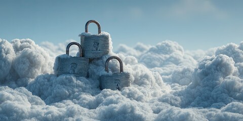 Metal padlocks atop fluffy clouds against a light blue sky