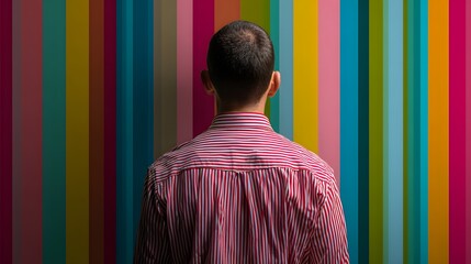 Rear view of a man in a striped shirt facing a vibrant multicolored striped wall.