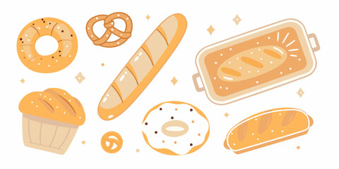 Assortment of baked goods bread donuts pretzels and muffin illustration