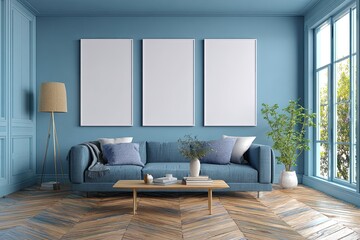 Blue living room with empty art displays