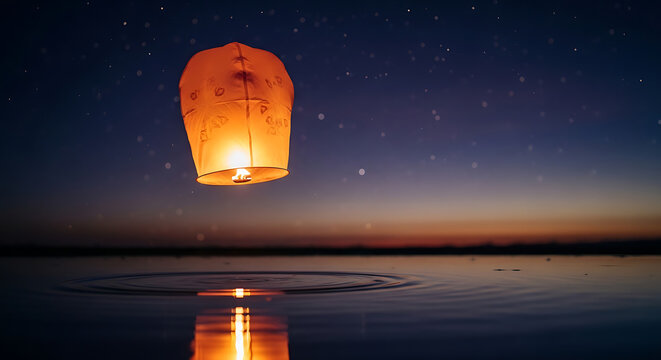 A single glowing sky lantern ascends gracefully into the starlit night sky, casting a warm reflection upon the serene water below, symbolizing hope and dreams