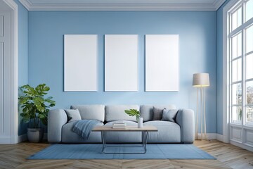 Light-blue interior living room with empty canvases