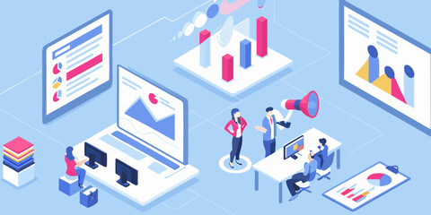 Isometric business meeting with data analysis and presentation on digital devices