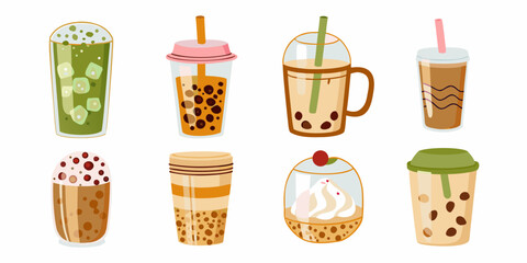 Variety of bubble tea drinks with different flavors and toppings