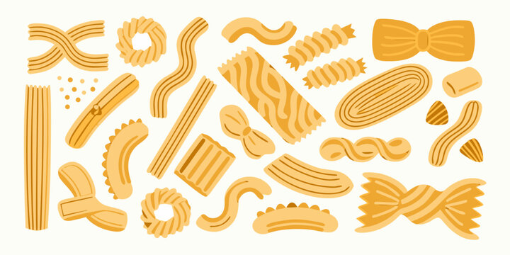 Assorted pasta types in a flat vector illustration style on white background