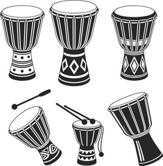 African djembe drum illustration set, traditional hand percussion instruments with sticks and tribal patterns, ethnic music collection, black and white vector art
