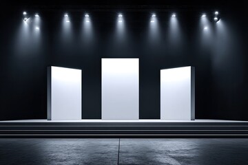 Empty stage with blank panels under spotlights