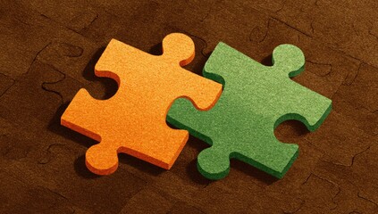 Two puzzle pieces, orange and green, fitting together on a wooden puzzle background