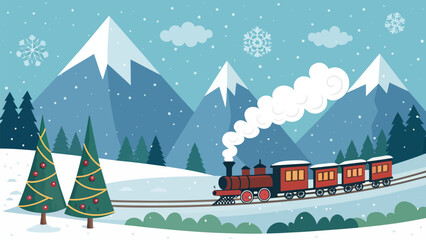 Naklejka premium Enchanting winter holiday scene with a charming red train amidst snow-covered mountains and festive trees