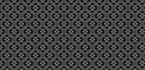 Geometric thai style flowers white color on black seamless pattern vector file.