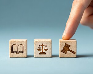 Wooden blocks with legal symbols, a finger touches one