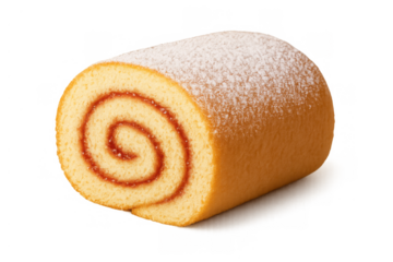Swiss roll with raspberry jam filling and powdered sugar, a sweet sponge cake dessert on transparent background