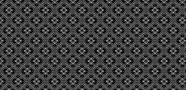 Geometric thai style flowers white color on black seamless pattern vector file.