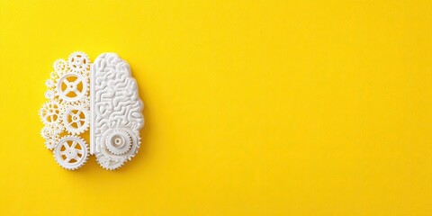 White brain model with gears on bright yellow background