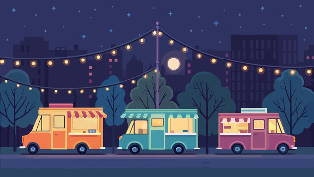 Charming food trucks glowing under festive string lights, a delightful urban night scene, inviting ambiance