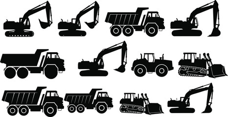Heavy earthmoving machinery silhouette set, featuring multiple excavators, dump trucks, and bulldozers vehicle vector graphics for large-scale construction and mining.