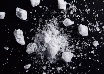 Crushed white salt on black background