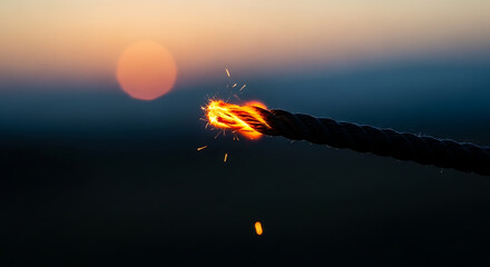 Dramatic close-up of a fiery fuse burning intensely against a blurred sunset backdrop, signaling an imminent event or explosive moment, evoking suspense and anticipation