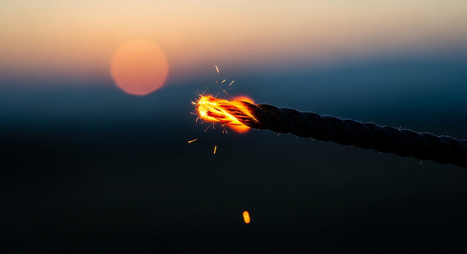 Dramatic close-up of a fiery fuse burning intensely against a blurred sunset backdrop, signaling an imminent event or explosive moment, evoking suspense and anticipation