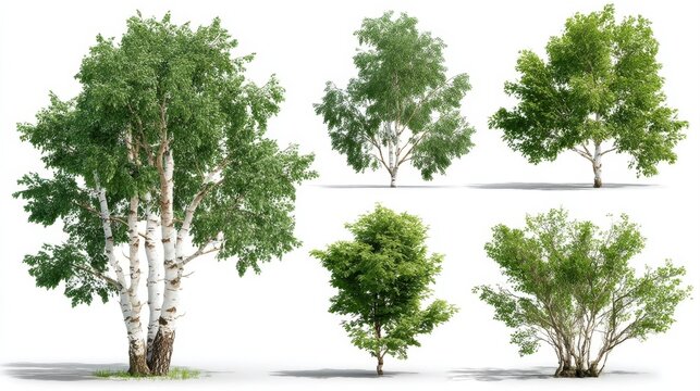 Four detailed birch trees with lush green leaves and white bark isolated on a white background. - Powered by Adobe