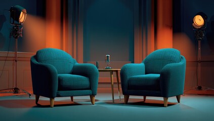 Interview setting, two armchairs, warm lighting