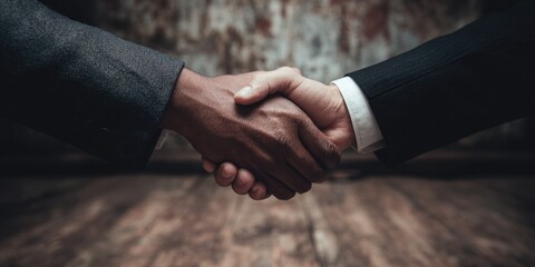 Business handshake on wooden floor