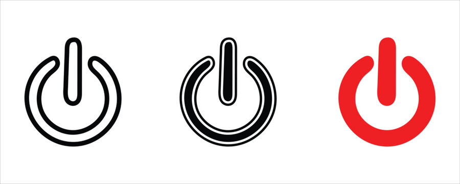 Set of power on off button icons in black and red isolated on