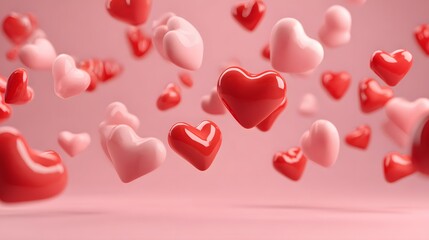 Romantic 3D red and pink hearts floating against a soft pink background for Valentines Day.