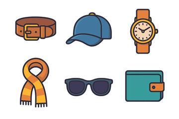 Men's essential accessories set including leather belt, blue cap, wristwatch, orange scarf, sunglasses, and wallet