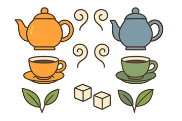 Colorful collection of teapots, teacups, sugar cubes, and tea leaves for hot drinks service