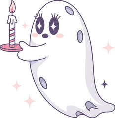 Cute ghost illustration holding candle, adorable pastel Halloween character artwork, kawaii spooky design for stickers, prints, decorations, seasonal graphics, children’s themes