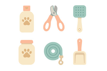Collection of essential pet care and grooming tools including shampoo clippers brush and leash