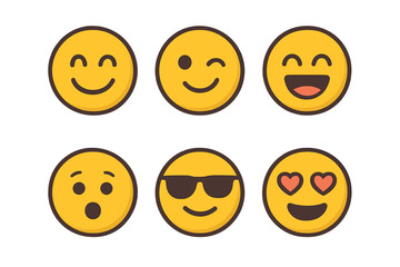 Set of six yellow facial expression icons displaying various emotions and moods for digital communication