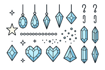 Blue faceted gemstones, crystal pendants, and decorative jewelry elements