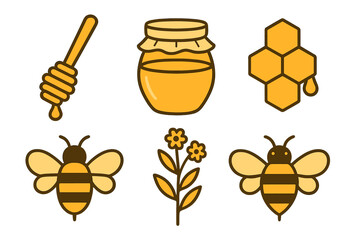 Sweet honey elements collection featuring jar, dipper, honeycomb, bees, and flower