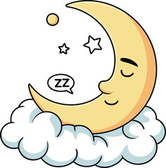 Cute sleeping moon on clouds with stars and dreamy night elements, adorable bedtime cartoon illustration perfect for nursery and children’s designs