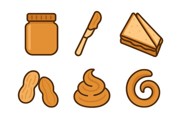 Set of peanut butter icons featuring jar, knife, sandwich, peanuts, and spread swirls