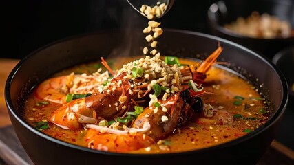 Savory Seafood Delight: An artful composition of a steaming bowl of rich, flavorful soup, adorned with plump prawns and scattered garnishes, offering a tempting glimpse into culinary expertise.