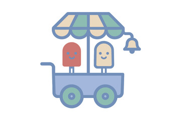 Cute ice cream cart with smiling popsicle characters and striped awning on wheels