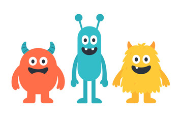 Three cute colorful cartoon monsters standing together with happy smiling faces and horns or antennae