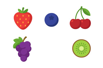 Colorful collection of fresh summer fruits and berries: strawberry, blueberry, cherry, grapes, and kiwi slice