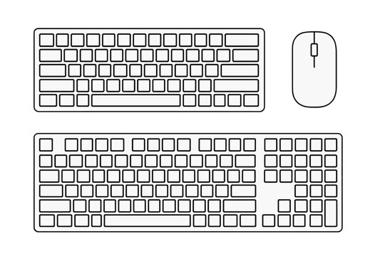 Minimalist outline of two computer keyboards and a wireless mouse peripheral