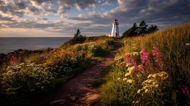 Romantic newlywed couple embracing on a scenic coastal cliff with wildflowers at sunset.